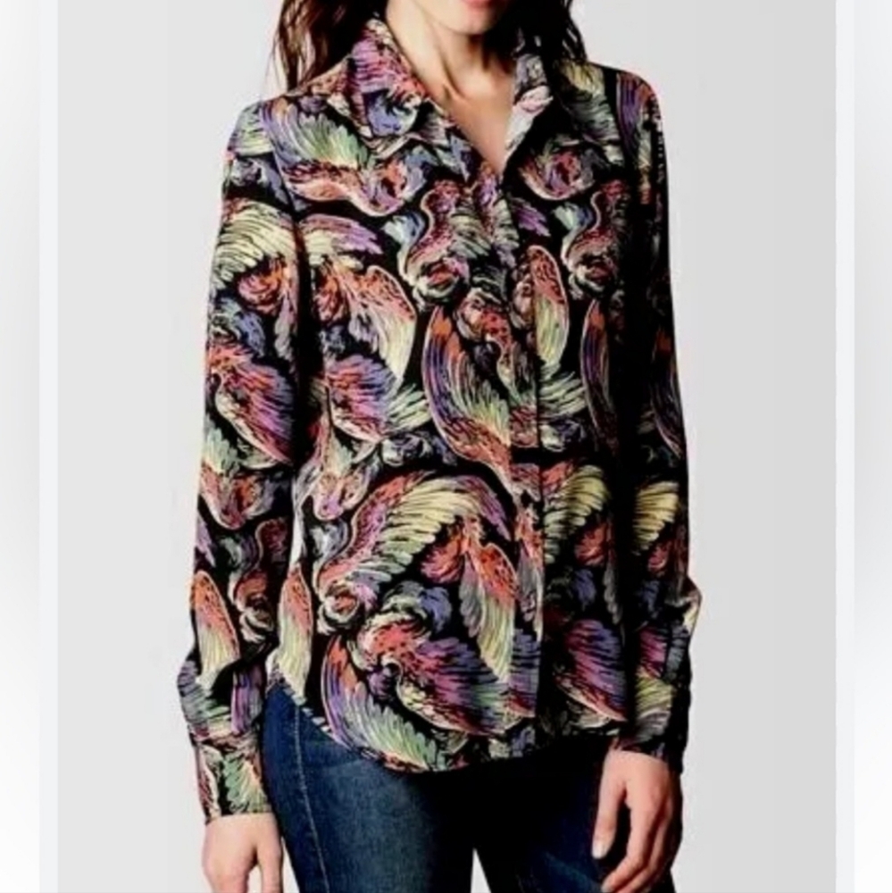 NWOT True Religion Angels Wings Print 100% Silk Button Down Shirt